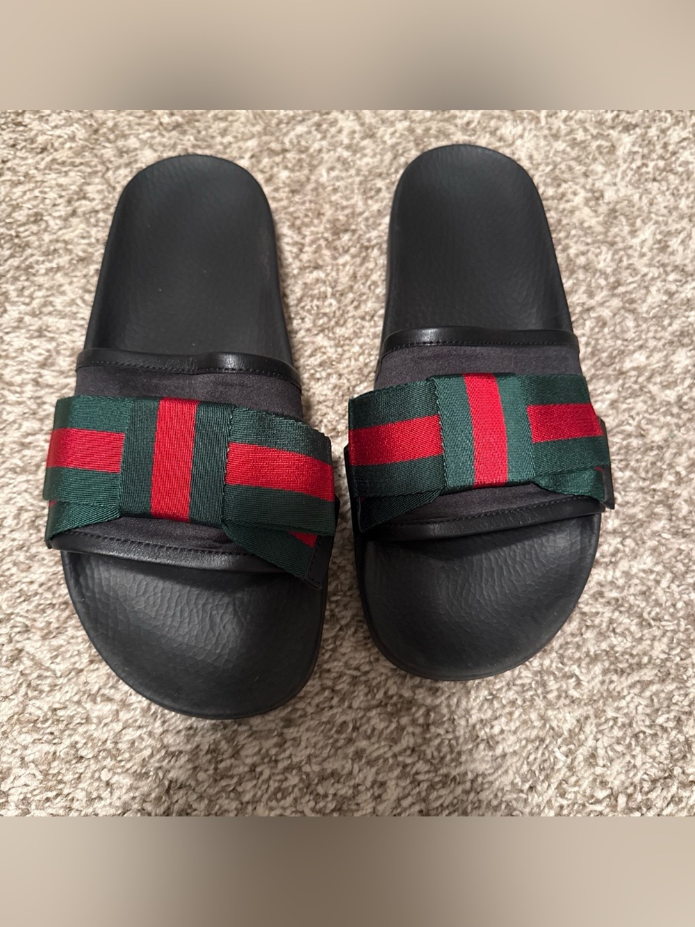 Gucci Black Slide Sandals with Green and Red Web Straps